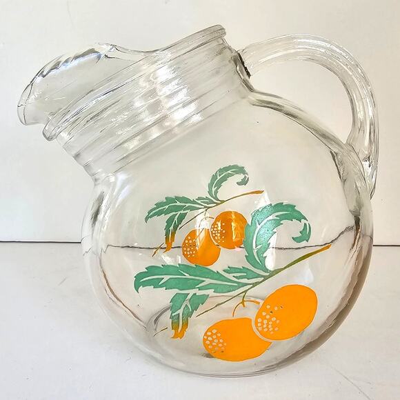 Vintage Anchor Hocking Juice Pitcher Tilt Ball Oranges Leaves '50's Mid Century - Picture 2 of 10